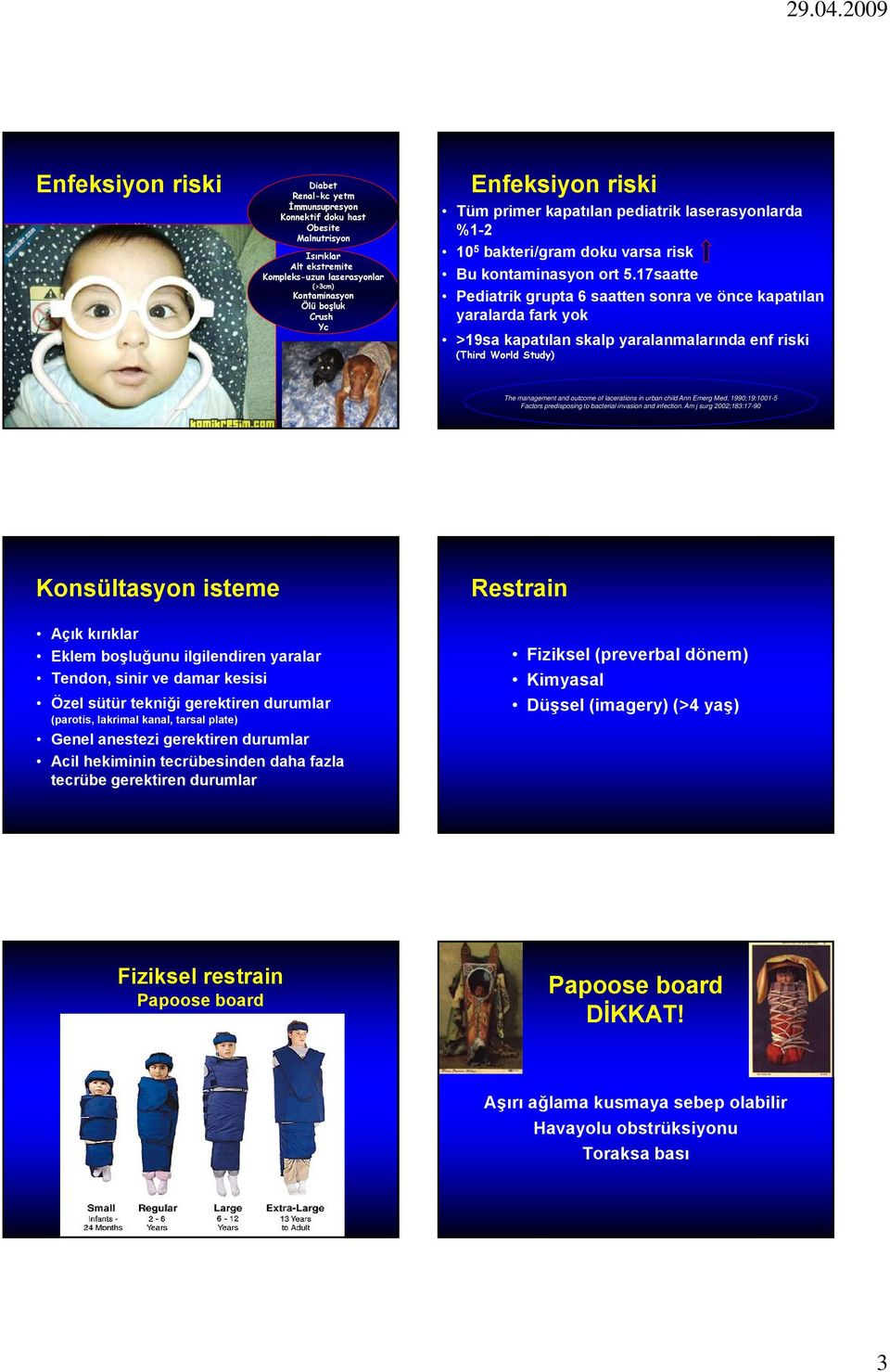 17saatte Pediatrik grupta 6 saatten sonra ve önce kapatılan yaralarda fark yok >19sa kapatılan skalp yaralanmalarında enf riski (Third World Study) The management and outcome of lacerations in urban