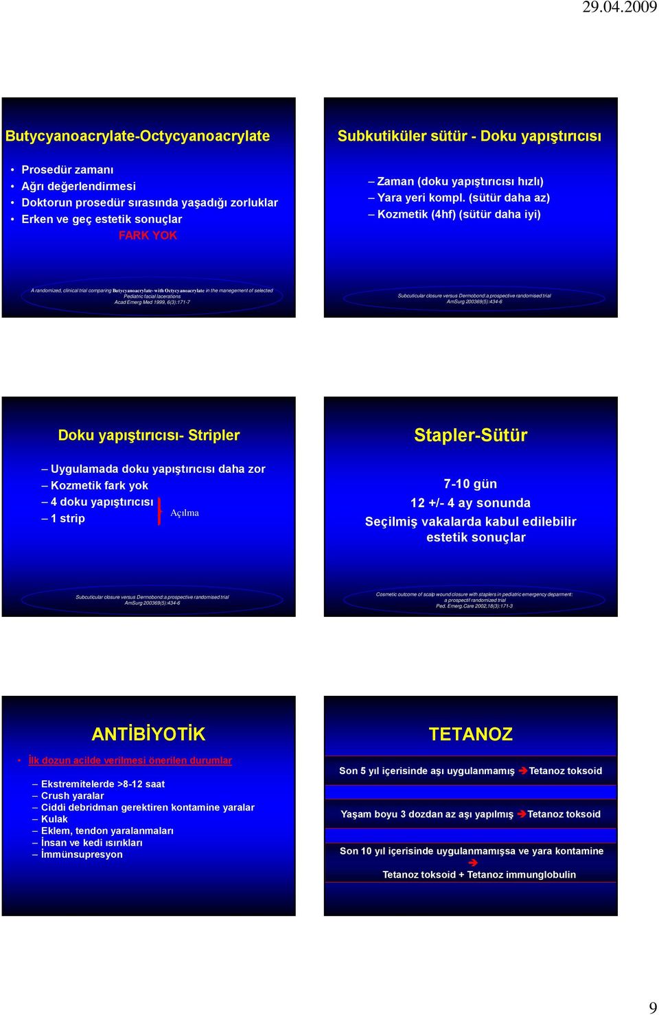 (sütür daha az) Kozmetik (4hf) (sütür daha iyi) A randomized, clinical trial comparing Butycyanoacrylate- with Octycyanoacrylate in the manegement of selected Pediatric facial lacerations Acad Emerg