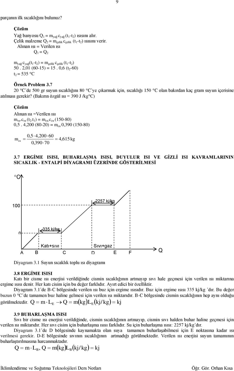 7 0 C de 500 gr suyun sıcalığını 80 C ye çıarma için, sıcalığı 50 C olan baırdan aç gram suyun içerisine atılması gereir? (Baırın özgül ısı = 90 J /gc) Çözüm Alınan ısı =Verilen ısı m su.