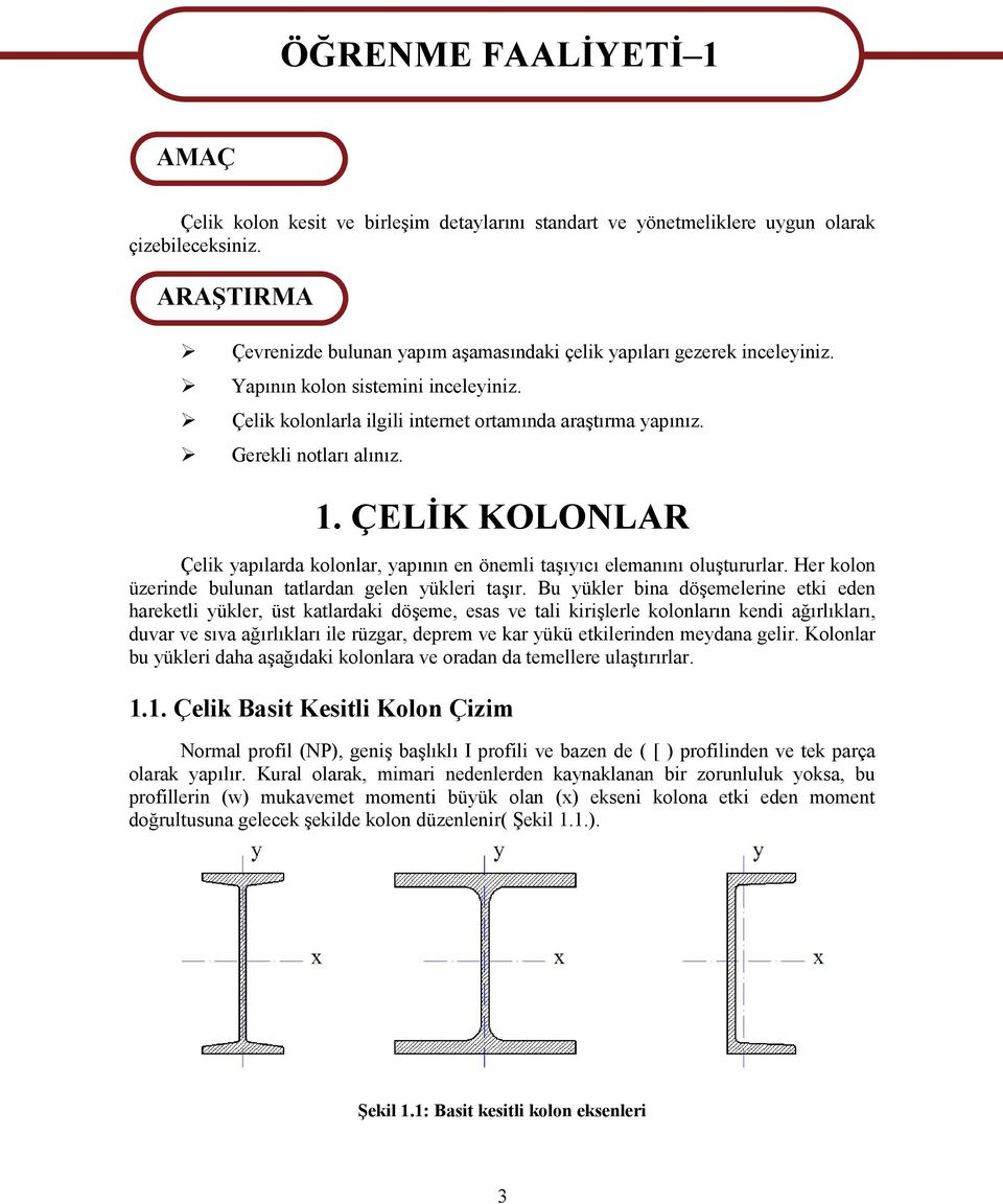 Gerekli notları alınız. 1. ÇELİK KOLONLAR Çelik yapılarda kolonlar, yapının en önemli taşıyıcı elemanını oluştururlar. Her kolon üzerinde bulunan tatlardan gelen yükleri taşır.