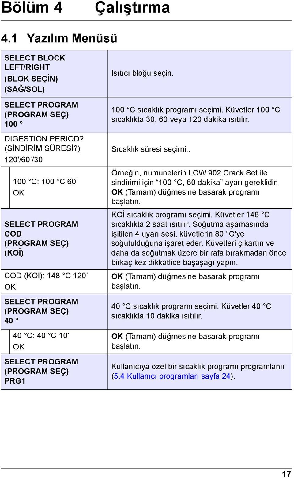 100 C sıcaklık programı seçimi. Küvetler 100 C sıcaklıkta 30, 60 veya 120 dakika ısıtılır. Sıcaklık süresi seçimi.