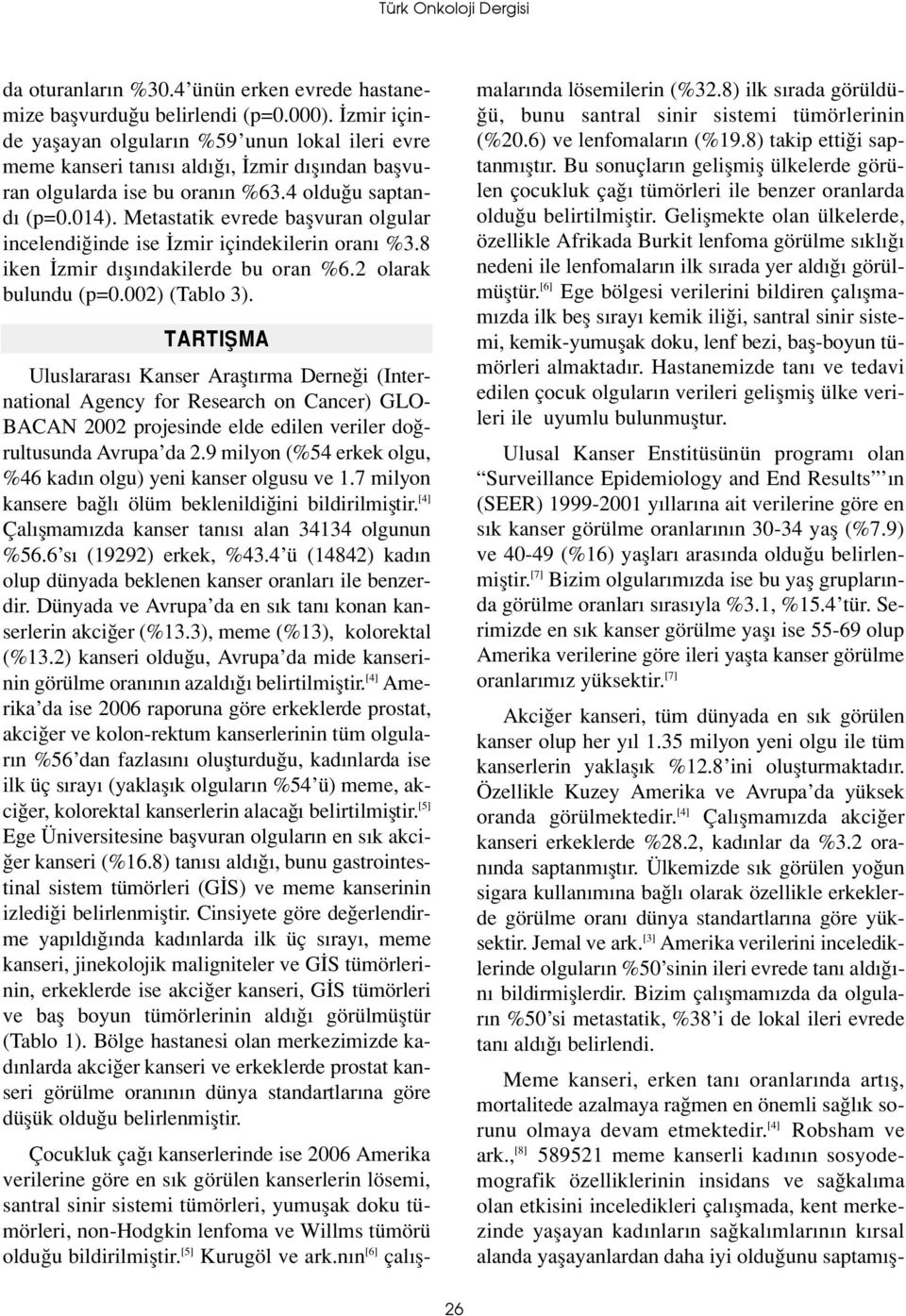 Metastatik evrede baflvuran olgular incelendi inde ise zmir içindekilerin oran %3.8 iken zmir d fl ndakilerde bu oran %6.2 olarak bulundu (p=0.002) (Tablo 3).