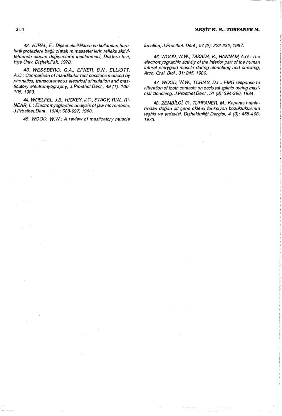 : Comparison of mandibular resi positions induced by phonetics, transcutaneous electrical stimulation and masticatory electromyography, J.Prosthet.Dent, 49 (1): 100 105, 1983. 44. WOELFEL, J.B.