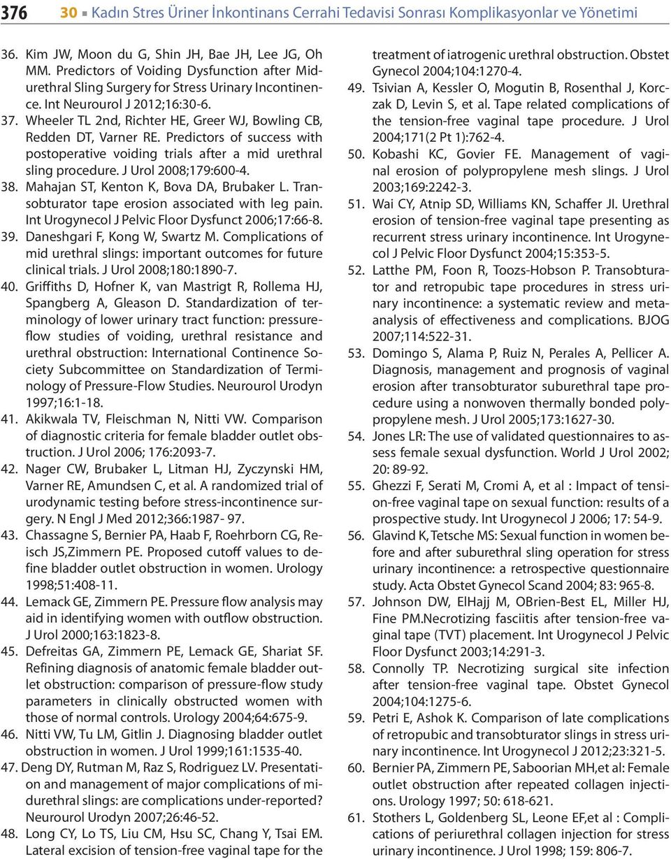 Wheeler TL 2nd, Richter HE, Greer WJ, Bowling CB, Redden DT, Varner RE. Predictors of success with postoperative voiding trials after a mid urethral sling procedure. J Urol 2008;179:600-4. 38.