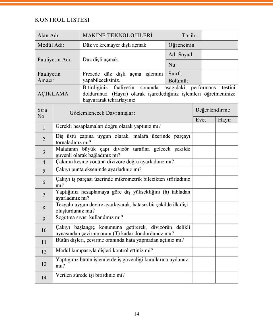 (Hayır) olarak işaretlediğiniz işlemleri öğretmeninize başvurarak tekrarlayınız. Gözlemlenecek Davranışlar: 1 Gerekli hesaplamaları doğru olarak yaptınız mı?