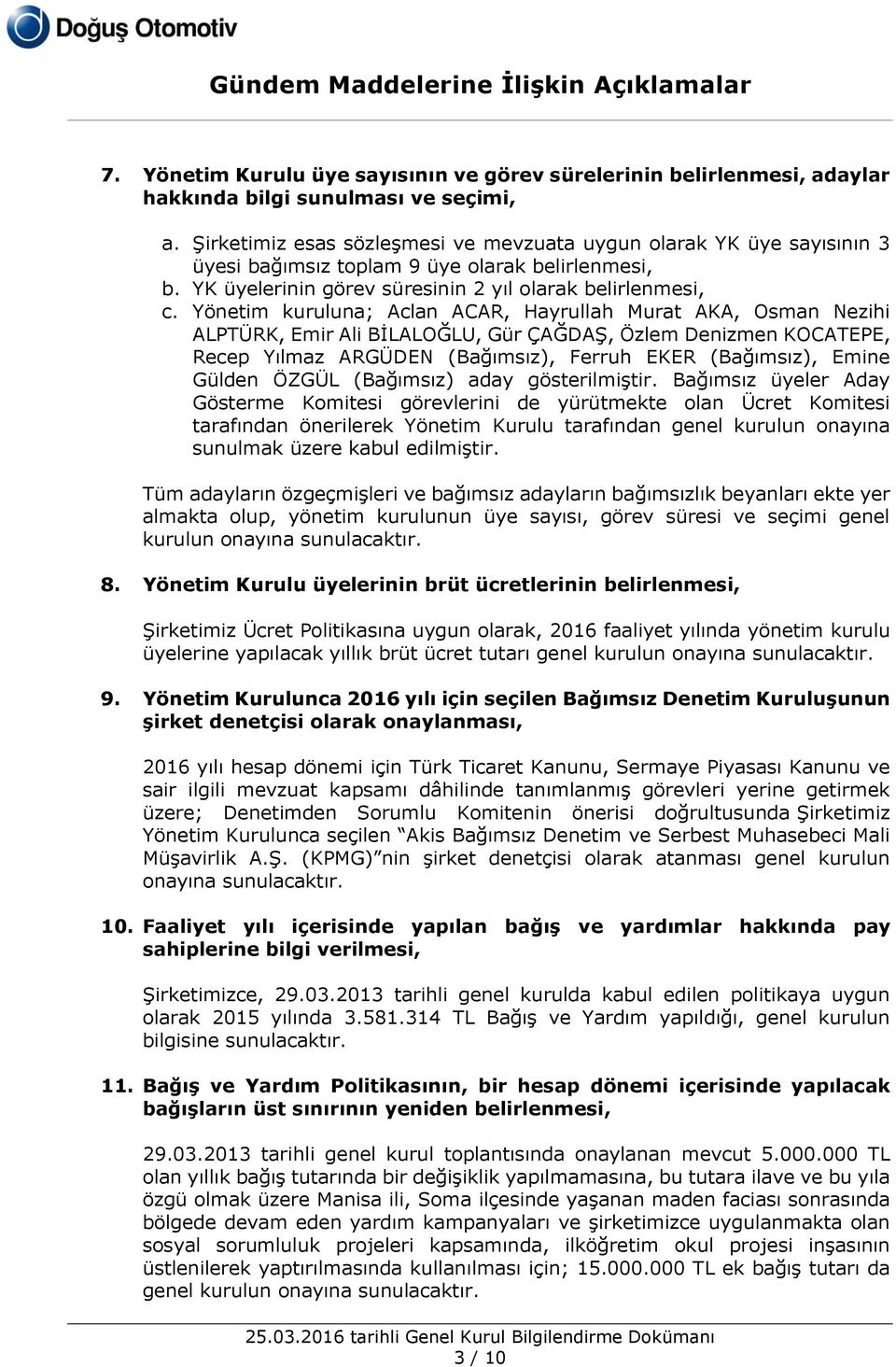 Yönetim kuruluna; Aclan ACAR, Hayrullah Murat AKA, Osman Nezihi ALPTÜRK, Emir Ali BİLALOĞLU, Gür ÇAĞDAŞ, Özlem Denizmen KOCATEPE, Recep Yılmaz ARGÜDEN (Bağımsız), Ferruh EKER (Bağımsız), Emine Gülden