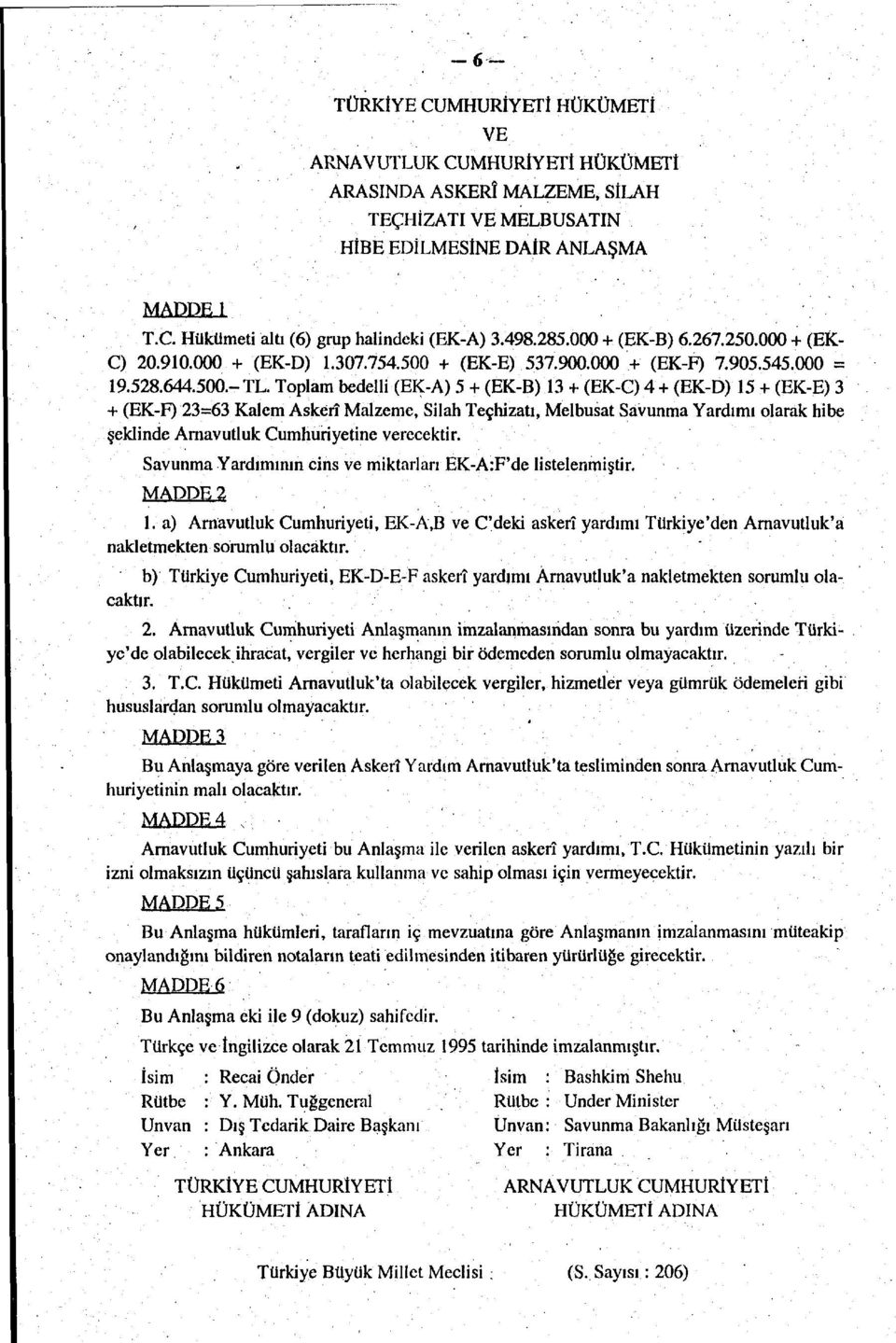 Toplam bedelli (EK-A) 5 + (EK-B) 13 + (EK-C) 4 + (EK-D) 15 + (EK-E) 3 + (EK-F) 23=63 Kalem Askerî Malzeme, Silah Teçhizatı, Melbusat Savunma Yardımı olarak hibe şeklinde Arnavutluk Cumhuriyetine