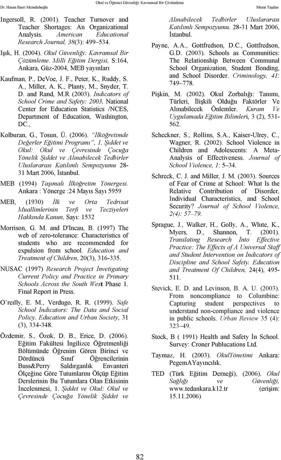 R (2003). Indicators of School Crime and Safety: 2003, National Center for Education Statistics /NCES, Department of Education, Washington, DC., Kolburan, G., Tosun, Ü. (2006).