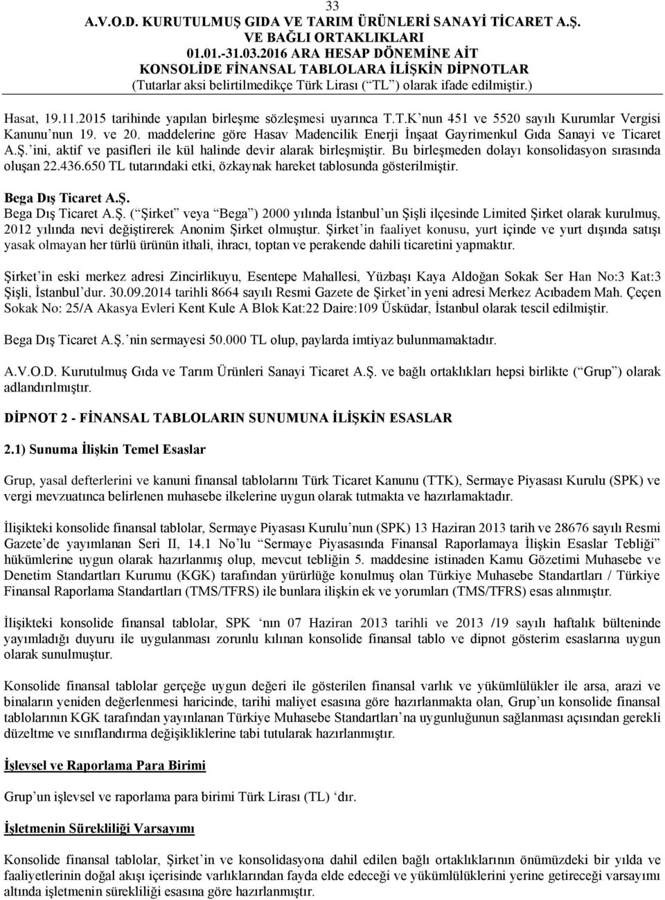 Bu birleşmeden dolayı konsolidasyon sırasında oluşan 22.436.650 TL tutarındaki etki, özkaynak hareket tablosunda gösterilmiştir. Bega Dış Ticaret A.Ş.