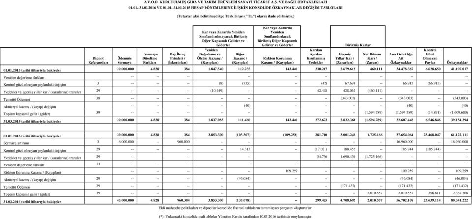 Değerleme ve Ölçüm Kazanç / (Kayıpları) Diğer Kazanç / (Kayıplar) Kar veya Zararda Yeniden Sınıflandırılacak Birikmiş Diğer Kapsamlı Gelirler ve Giderler Riskten Korunma Kazanç / (Kayıpları) Kardan