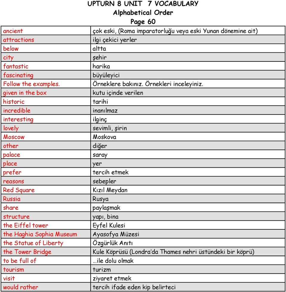 Tower Bridge to be full of tourism visit would rather UPTURN 8 UNIT 7 VOCABULARY Alphabetical Order Page 60 çok eski, (Roma imparatorluğu veya eski Yunan dönemine ait) ilgi çekici yerler altta şehir
