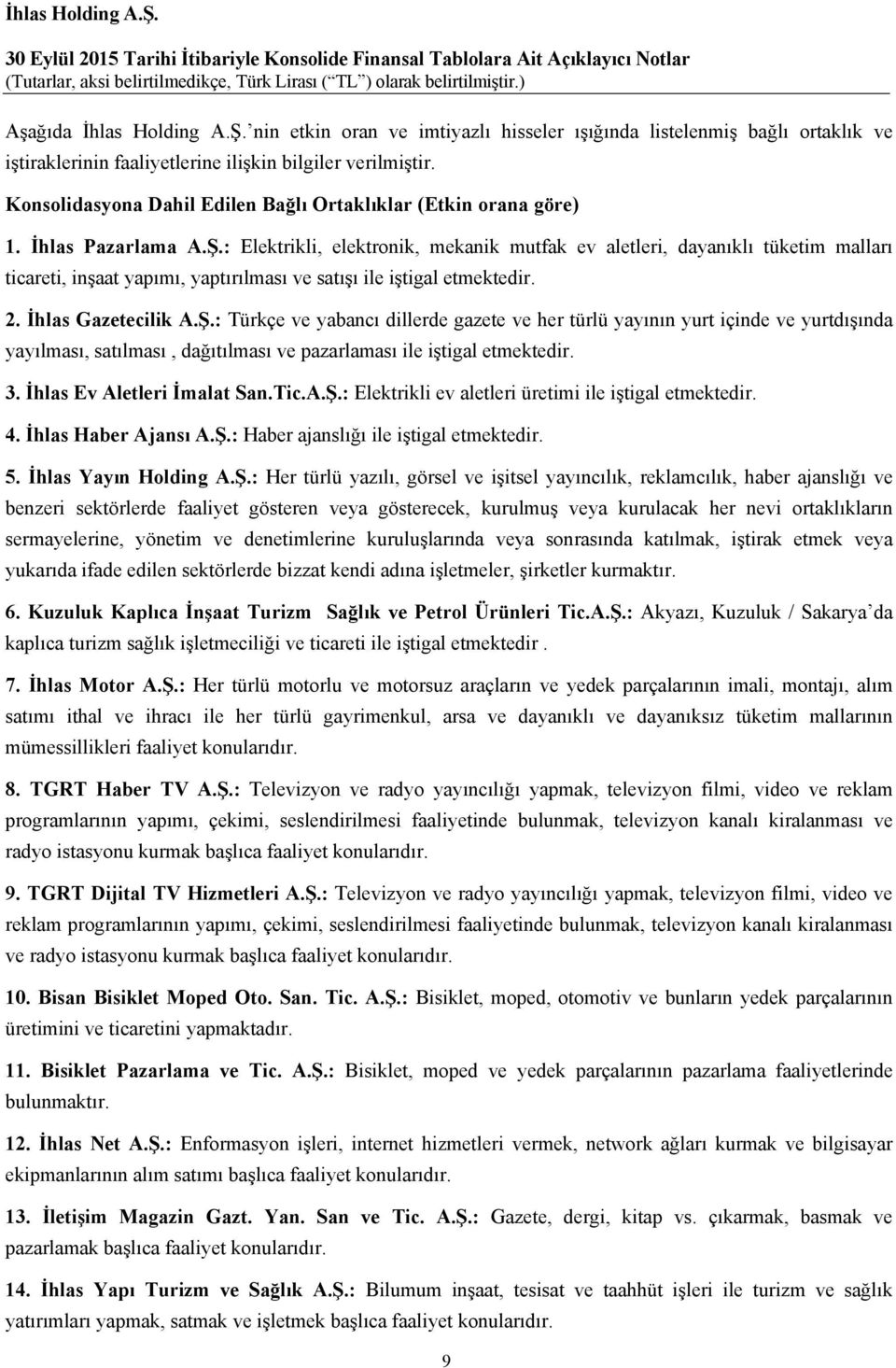 : Elektrikli, elektronik, mekanik mutfak ev aletleri, dayanıklı tüketim malları ticareti, inşaat yapımı, yaptırılması ve satışı ile iştigal etmektedir. 2. İhlas Gazetecilik A.Ş.