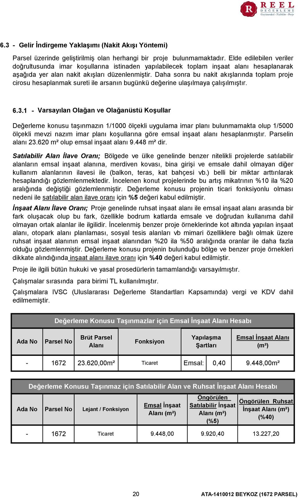 Daha sonra bu nakit akışlarında toplam proje cirosu hesaplanmak sureti ile arsanın bugünkü değerine ulaşılmaya çalışılmıştır. 6.3.