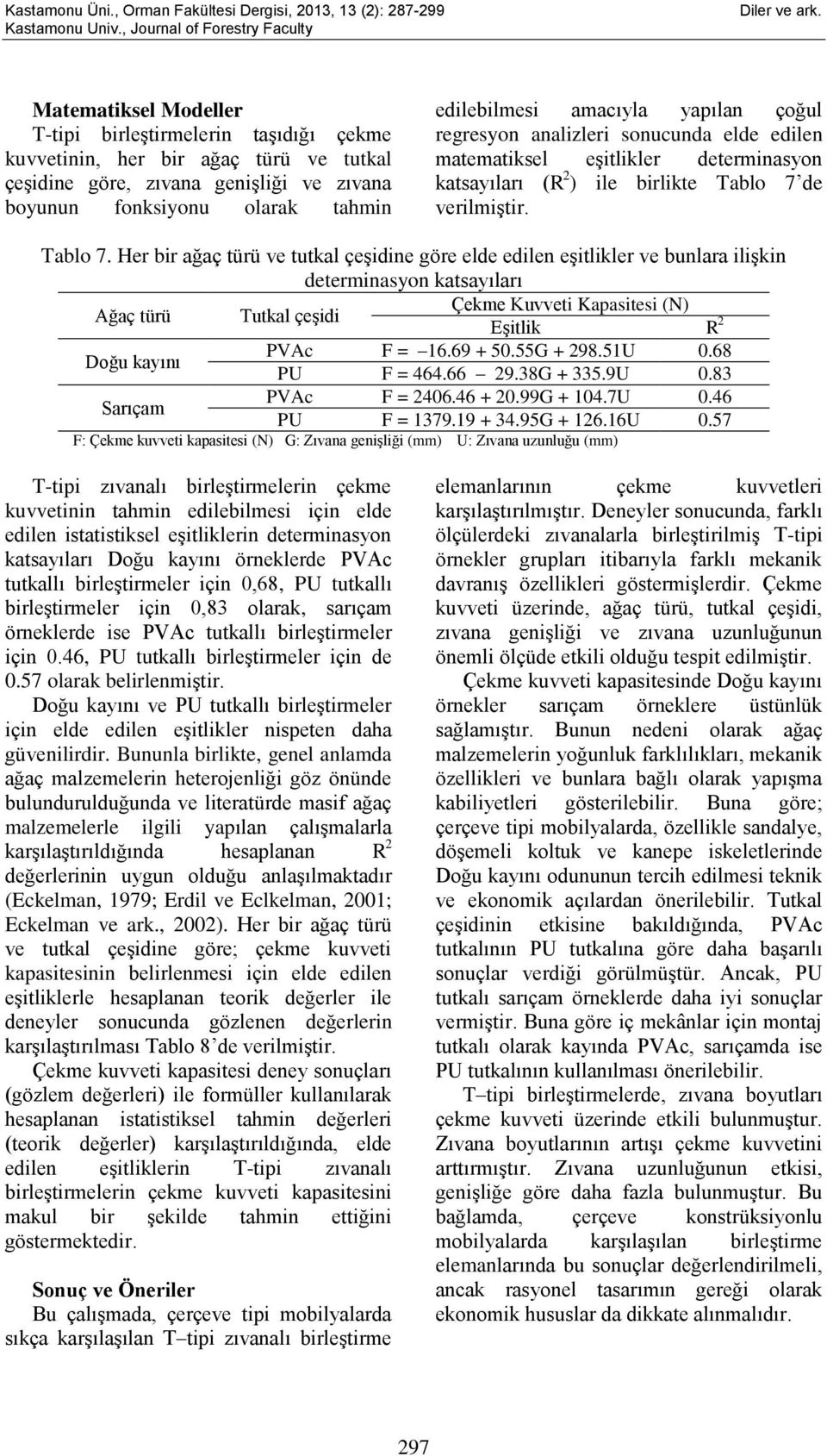 de verilmiştir. Tablo 7.