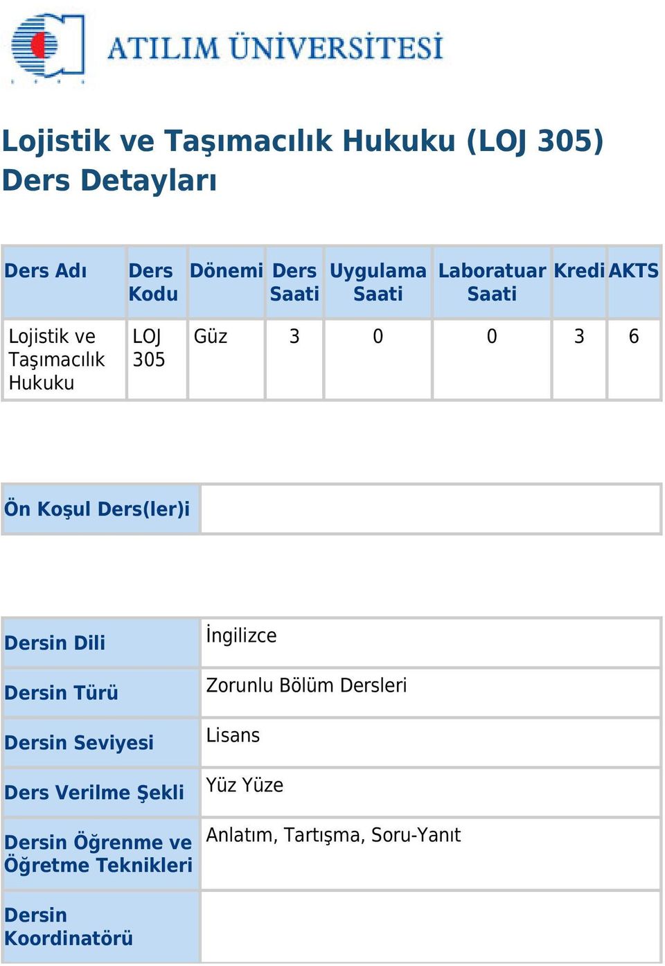 Koşul Ders(ler)i Dersin Dili Dersin Türü Dersin Seviyesi Ders Verilme Şekli Dersin Öğrenme ve