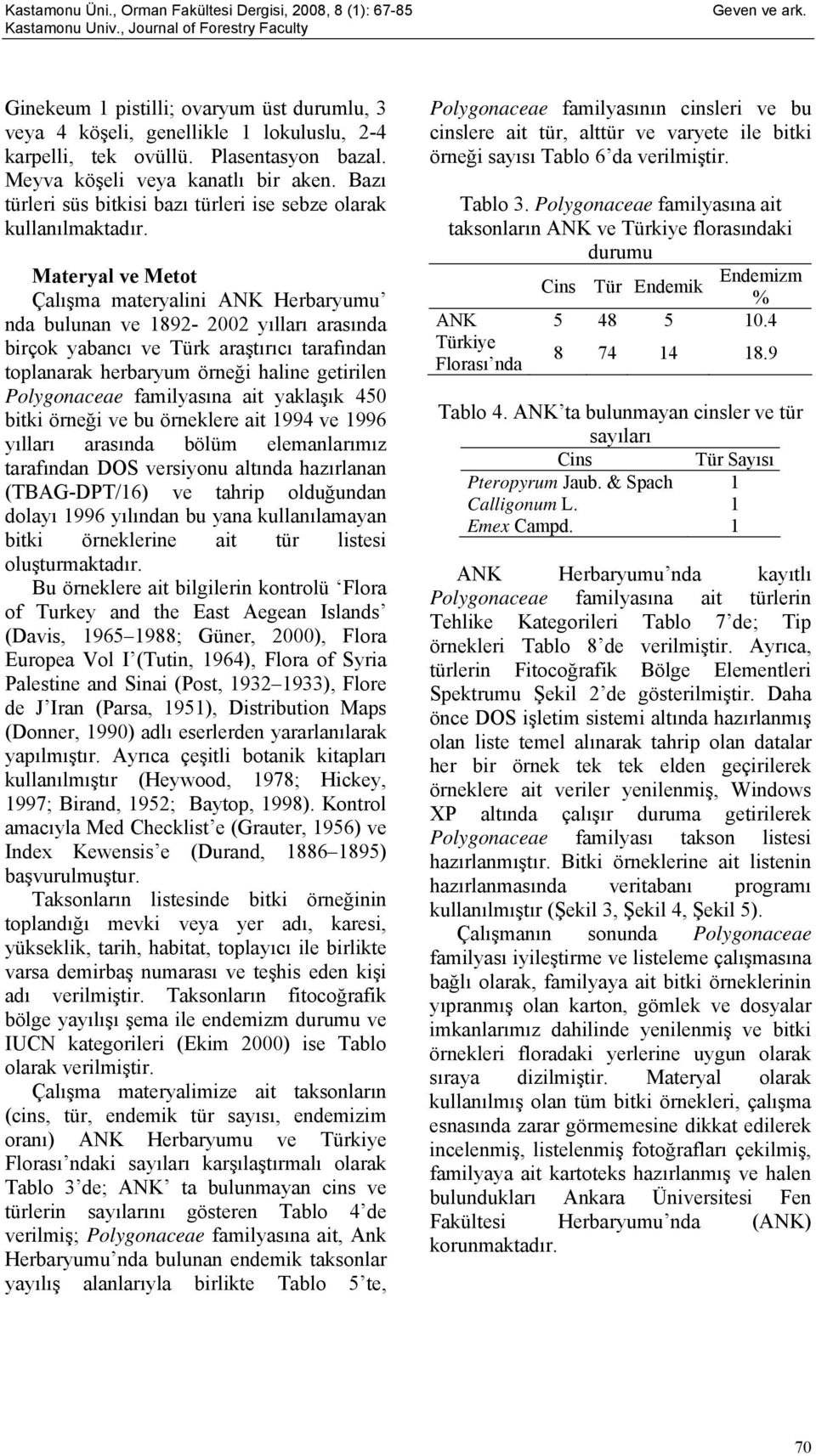 Materyal ve Metot Çalışma materyalini ANK Herbaryumu nda bulunan ve 1892-2002 yılları arasında birçok yabancı ve Türk araştırıcı tarafından toplanarak herbaryum örneği haline getirilen Polygonaceae