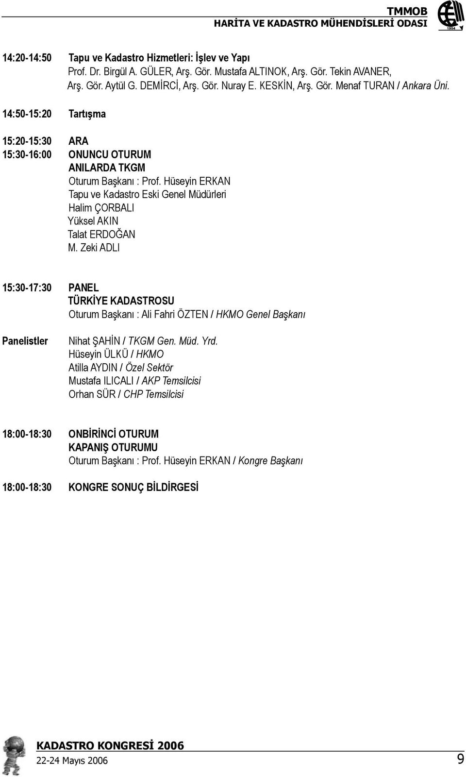 Zeki ADLI 15:30-17:30 PANEL TÜRKİYE KADASTROSU Oturum Başkanı : Ali Fahri ÖZTEN / HKMO Genel Başkanı Panelistler Nihat ŞAHİN / TKGM Gen. Müd. Yrd.