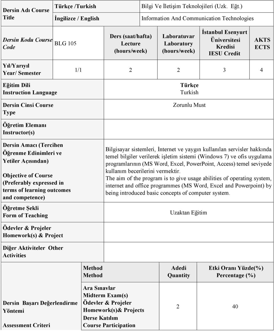 Year/ Semester Eğitim Dili Instruction Language Dersin Cinsi Course Type 1/1 2 2 3 4 Türkçe Turkish Zorunlu Must Öğretim Elemanı Instructor(s) Dersin Amacı (Tercihen Öğrenme Edinimleri ve Yetiler