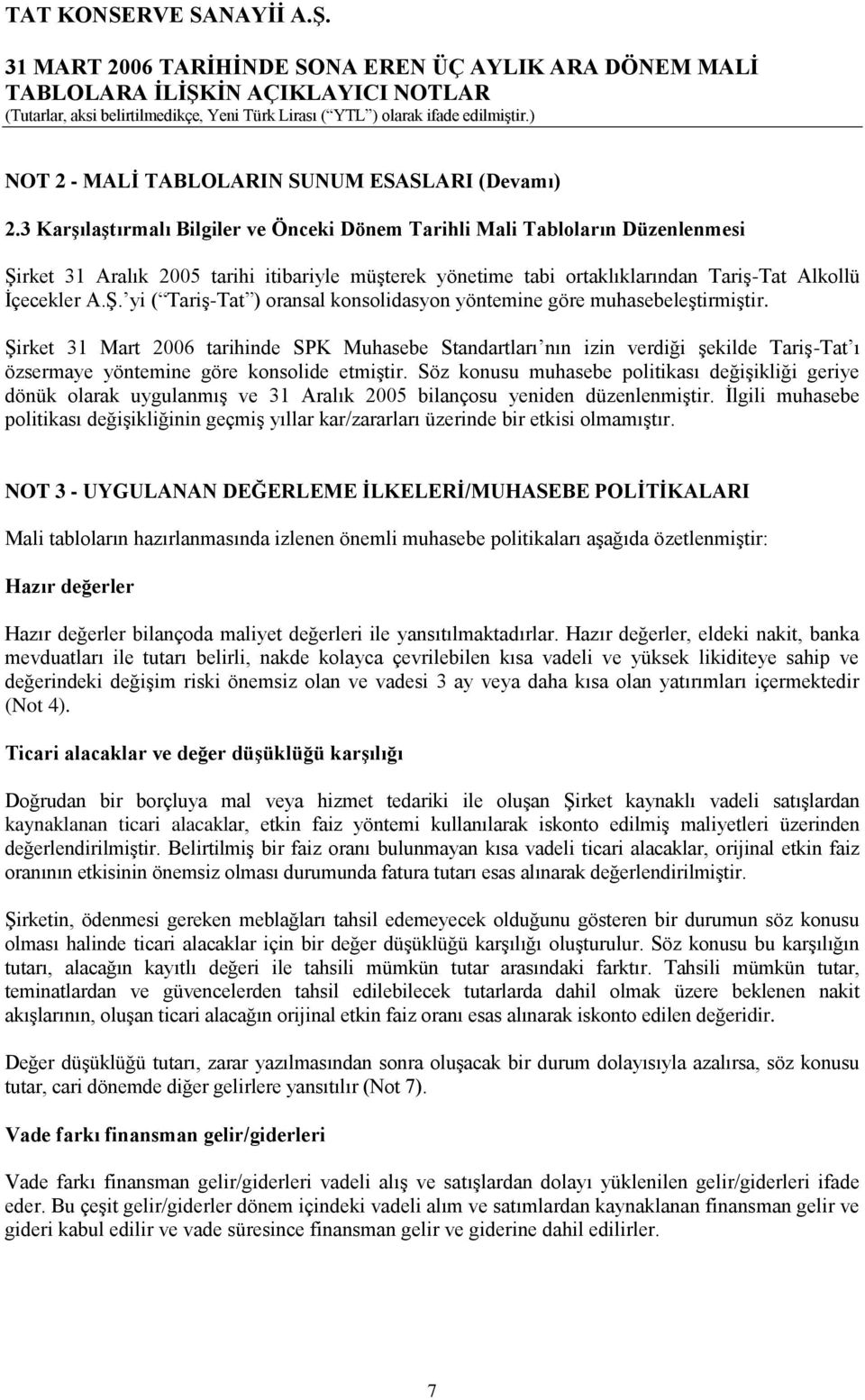 ġirket 31 Mart 2006 tarihinde SPK Muhasebe Standartları nın izin verdiği Ģekilde TariĢ-Tat ı özsermaye yöntemine göre konsolide etmiģtir.