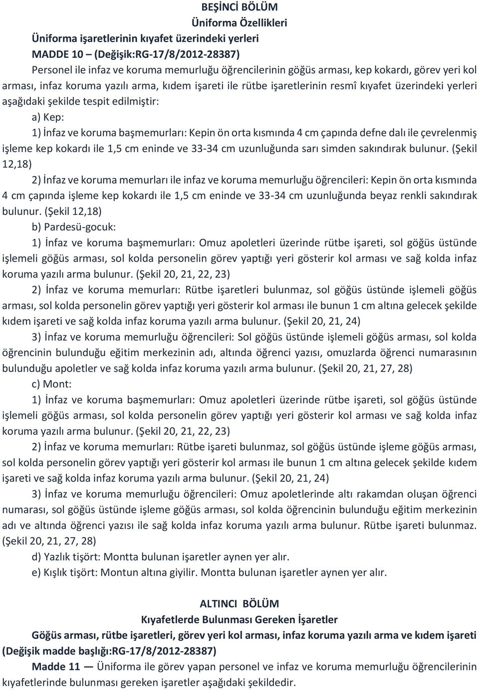 başmemurları: Kepin ön orta kısmında 4 cm çapında defne dalı ile çevrelenmiş işleme kep kokardı ile 1,5 cm eninde ve 33-34 cm uzunluğunda sarı simden sakındırak bulunur.