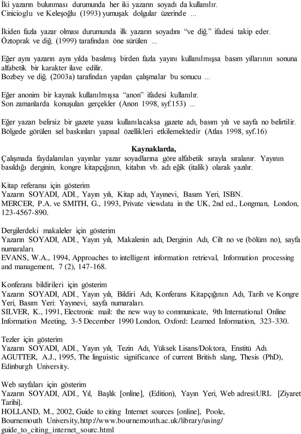 Bozbey ve diğ. (2003a) tarafından yapılan çalışmalar bu sonucu... Eğer anonim bir kaynak kullanılmışsa anon ifadesi kullanılır. Son zamanlarda konuşulan gerçekler (Anon 1998, syf.153).