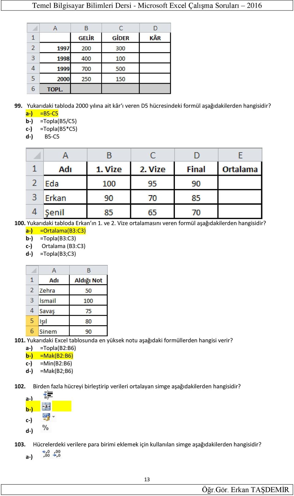 a-) =Ortalama(B3:C3) b-) =Topla(B3:C3) c-) Ortalama (B3:C3) d-) =Topla(B3;C3) 101. Yukarıdaki Excel tablosunda en yüksek notu aşağıdaki formüllerden hangisi verir?