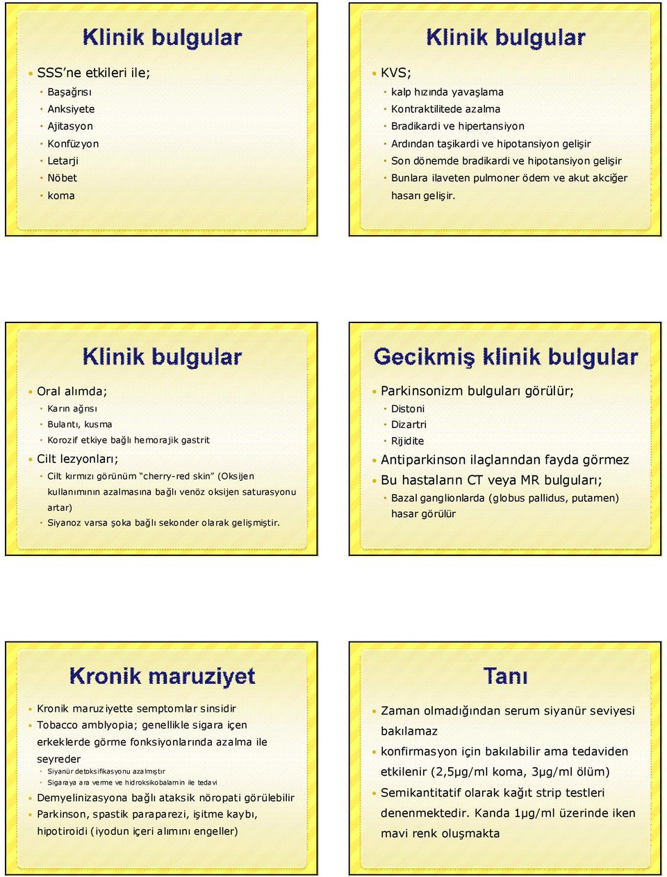 Oral alımda; Karın ağrısı Bulantı, kusma Korozif etkiye bağlı hemorajik gastrit Cilt lezyonları; Cilt kırmızı görünüm cherry-red skin (Oksijen kullanımının azalmasına bağlı venöz oksijen saturasyonu