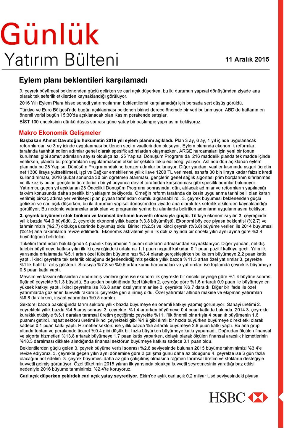 2016 Yılı Eylem Planı hisse senedi yatırımcılarının beklentilerini karşılamadığı için borsada sert düşüş görüldü.