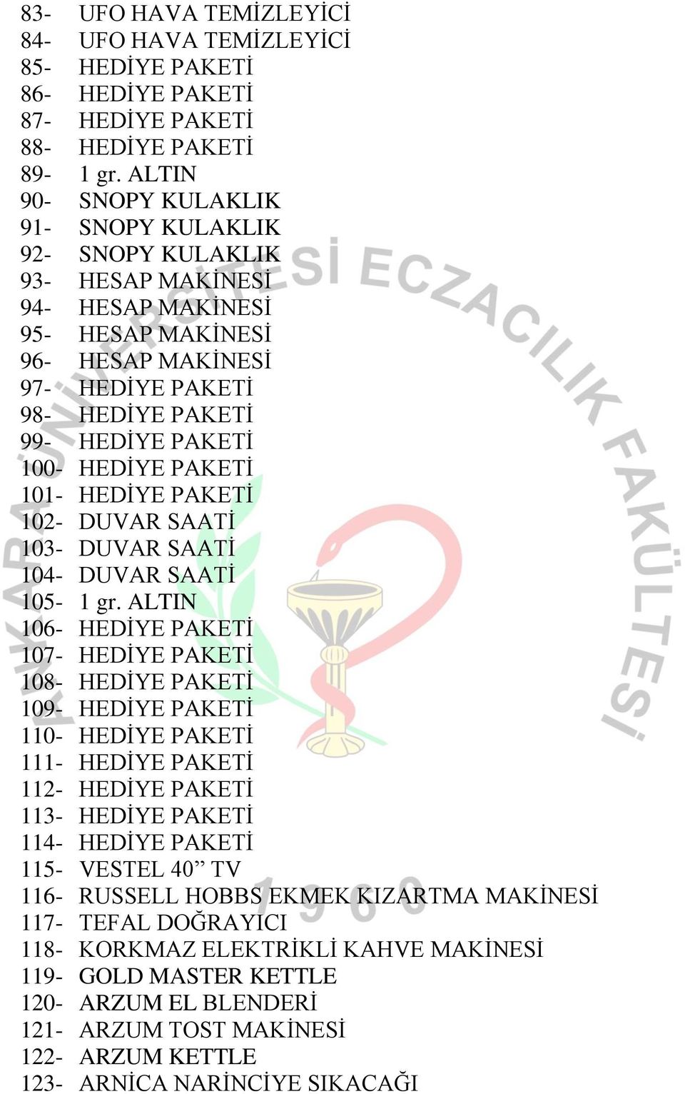 HEDİYE PAKETİ 101- HEDİYE PAKETİ 102- DUVAR SAATİ 103- DUVAR SAATİ 104- DUVAR SAATİ 105-1 gr.