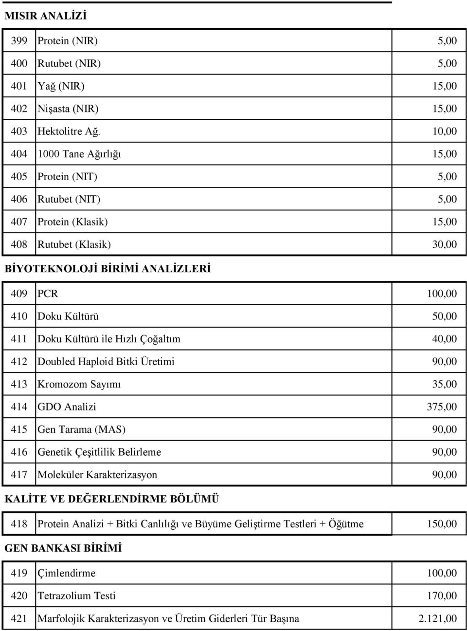 50,00 411 Doku Kültürü ile Hızlı Çoğaltım 40,00 412 Doubled Haploid Bitki Üretimi 90,00 413 Kromozom Sayımı 35,00 414 GDO Analizi 375,00 415 Gen Tarama (MAS) 90,00 416 Genetik Çeşitlilik Belirleme