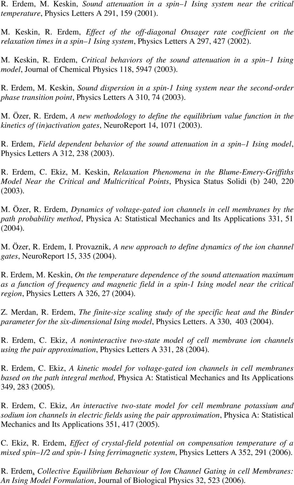 Erdem, Critical behaviors of the sound attenuation in a spin 1 Ising model, Journal of Chemical Physics 118, 5947 (2003). R. Erdem, M.