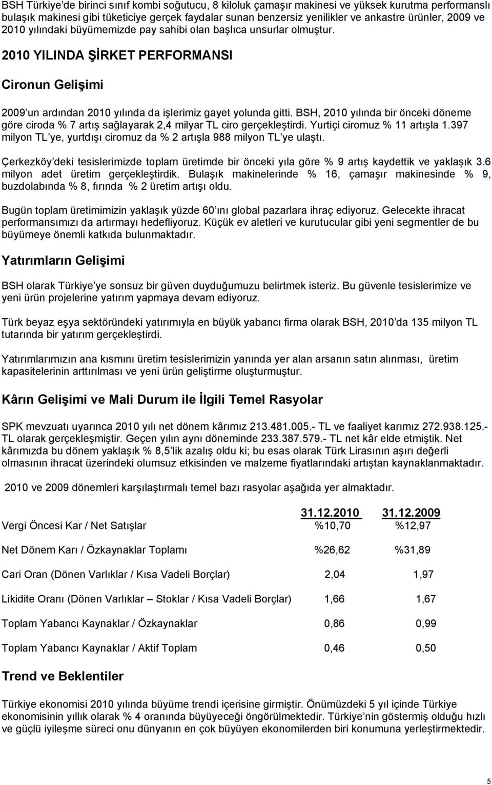 BSH, 2010 yılında bir önceki döneme göre ciroda % 7 artış sağlayarak 2,4 milyar TL ciro gerçekleştirdi. Yurtiçi ciromuz % 11 artışla 1.