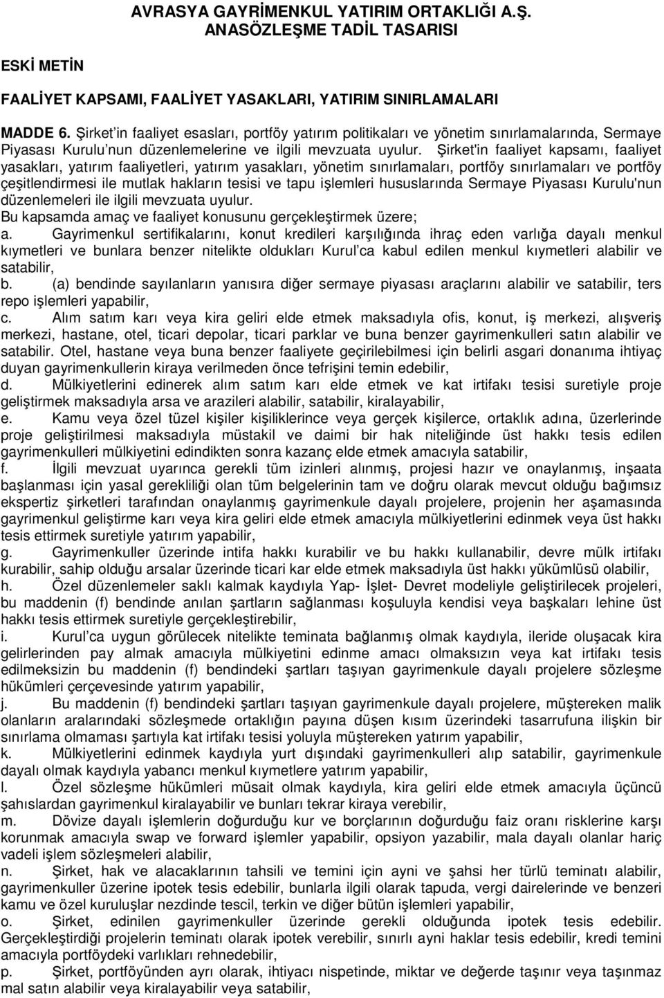 Şirket'in faaliyet kapsamı, faaliyet yasakları, yatırım faaliyetleri, yatırım yasakları, yönetim sınırlamaları, portföy sınırlamaları ve portföy çeşitlendirmesi ile mutlak hakların tesisi ve tapu