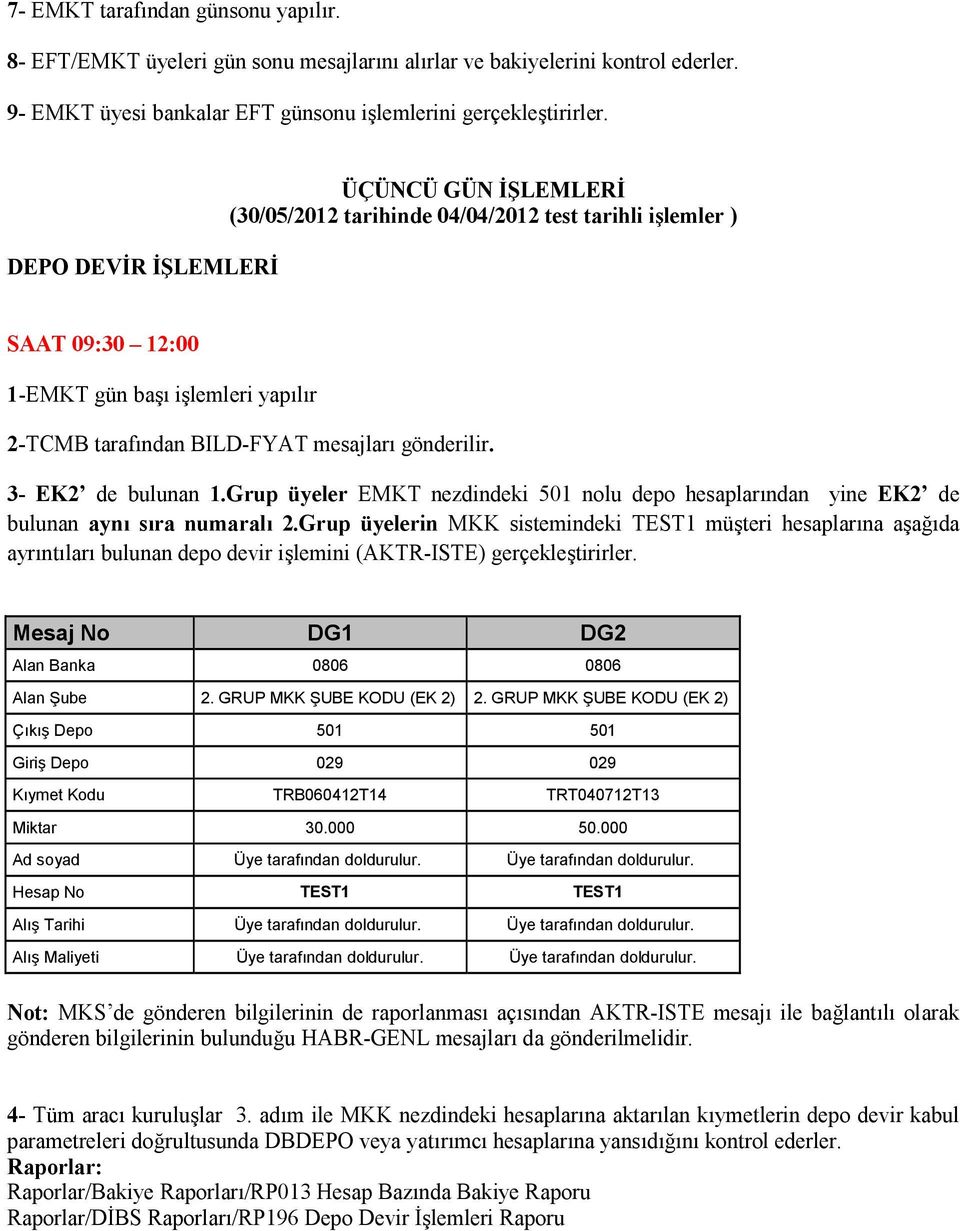 3- EK2 de bulunan 1.Grup üyeler EMKT nezdindeki 501 nolu depo hesaplarından yine EK2 de bulunan aynı sıra numaralı 2.