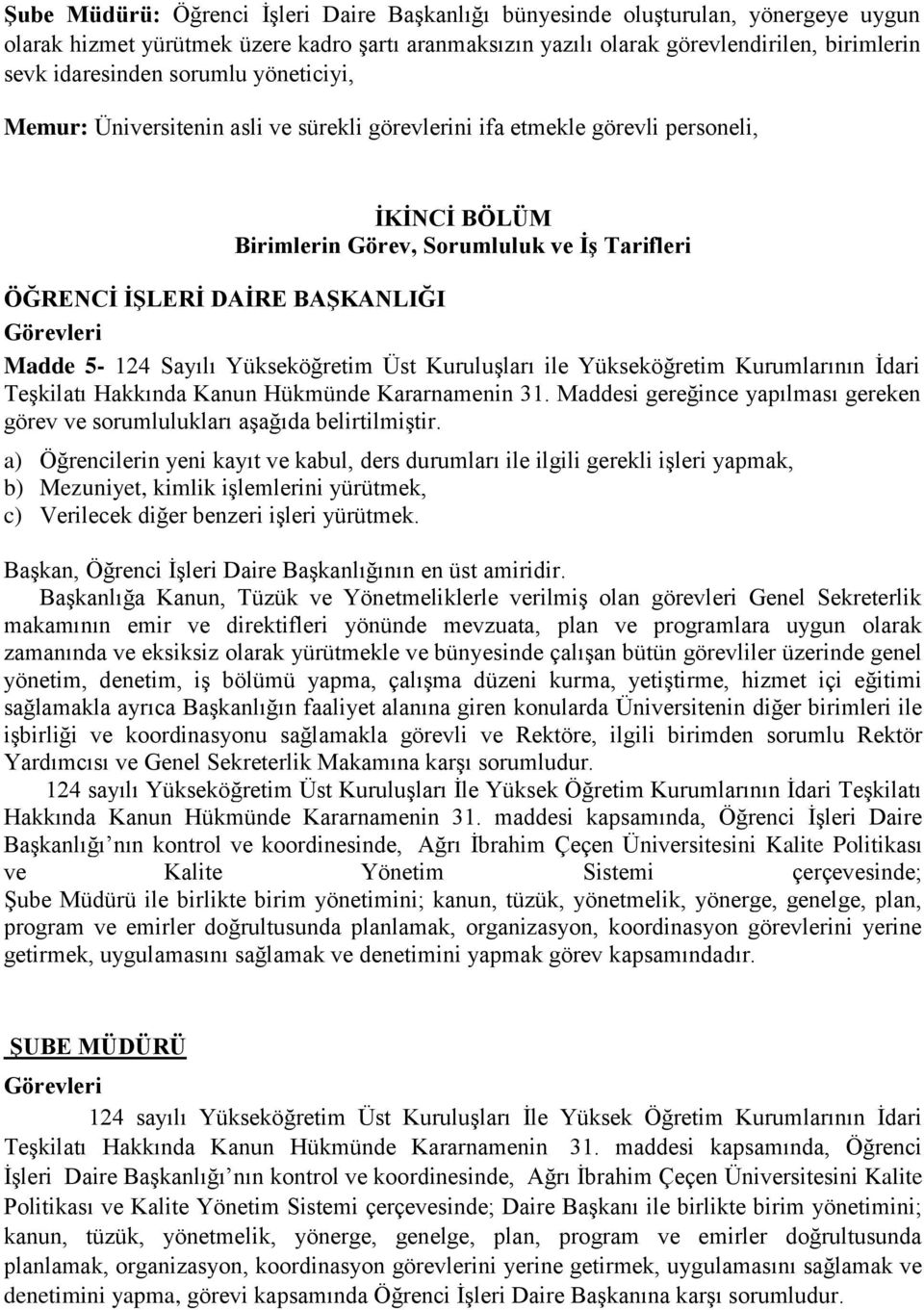 Madde 5-124 Sayılı Yükseköğretim Üst Kuruluşları ile Yükseköğretim Kurumlarının İdari Teşkilatı Hakkında Kanun Hükmünde Kararnamenin 31.