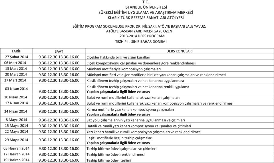 kompozisyon çalışmaları 20 Mart 2014 Münhani motifleri ve diğer motiflerle birlikte yazı kenarı çalışmaları ve renklendirilmesi 27 Mart 2014 Klasik dönem tezhip çalışmaları ve hat kenarına