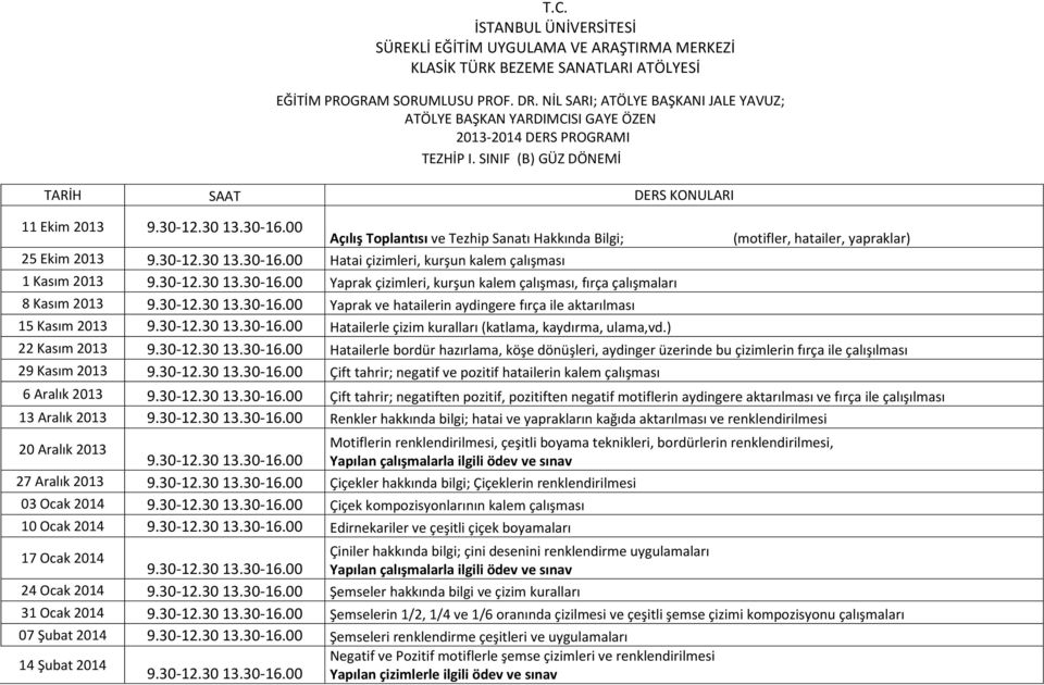 çalışmaları 8 Kasım 2013 Yaprak ve hatailerin aydingere fırça ile aktarılması 15 Kasım 2013 Hatailerle çizim kuralları (katlama, kaydırma, ulama,vd.