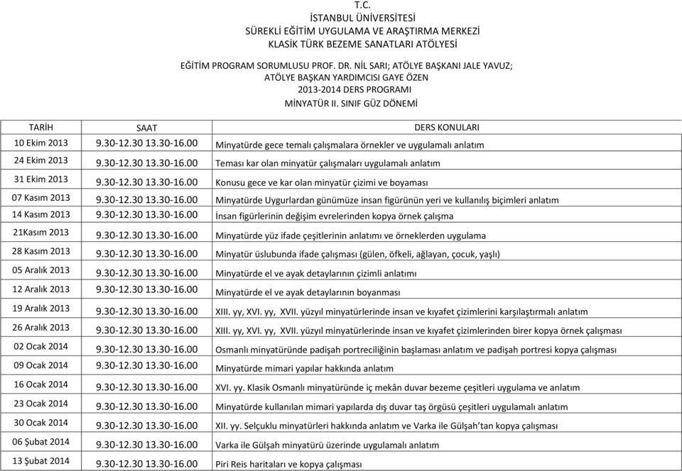 olan minyatür çizimi ve boyaması 07 Kasım 2013 Minyatürde Uygurlardan günümüze insan figürünün yeri ve kullanılış biçimleri anlatım 14 Kasım 2013 İnsan figürlerinin değişim evrelerinden kopya örnek