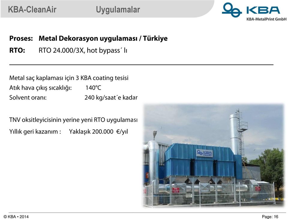 çıkış sıcaklığı: 140 C Solvent oranı: 240 kg/saat e kadar TNV oksitleyicisinin