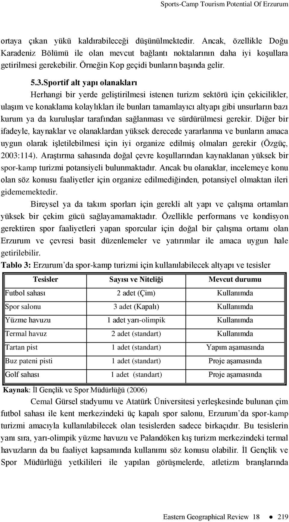 Sportif alt yapı olanakları Herhangi bir yerde geliştirilmesi istenen turizm sektörü için çekicilikler, ulaşım ve konaklama kolaylıkları ile bunları tamamlayıcı altyapı gibi unsurların bazı kurum ya