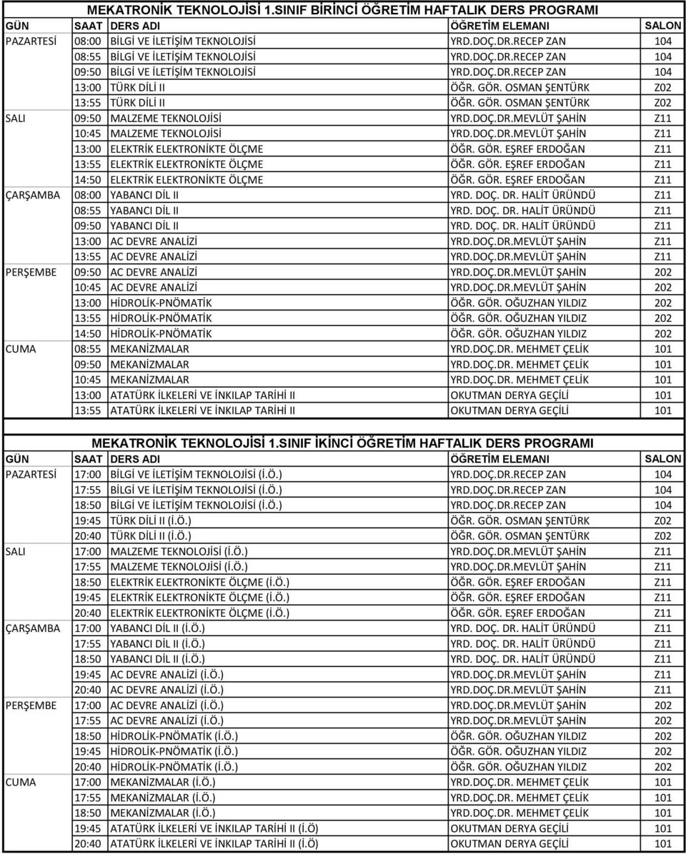 DOÇ.DR.MEVLÜT ŞAHİN Z11 13:00 ELEKTRİK ELEKTRONİKTE ÖLÇME ÖĞR. GÖR. EŞREF ERDOĞAN Z11 13:55 ELEKTRİK ELEKTRONİKTE ÖLÇME ÖĞR. GÖR. EŞREF ERDOĞAN Z11 14:50 ELEKTRİK ELEKTRONİKTE ÖLÇME ÖĞR. GÖR. EŞREF ERDOĞAN Z11 ÇARŞAMBA 08:00 YABANCI DİL II YRD.
