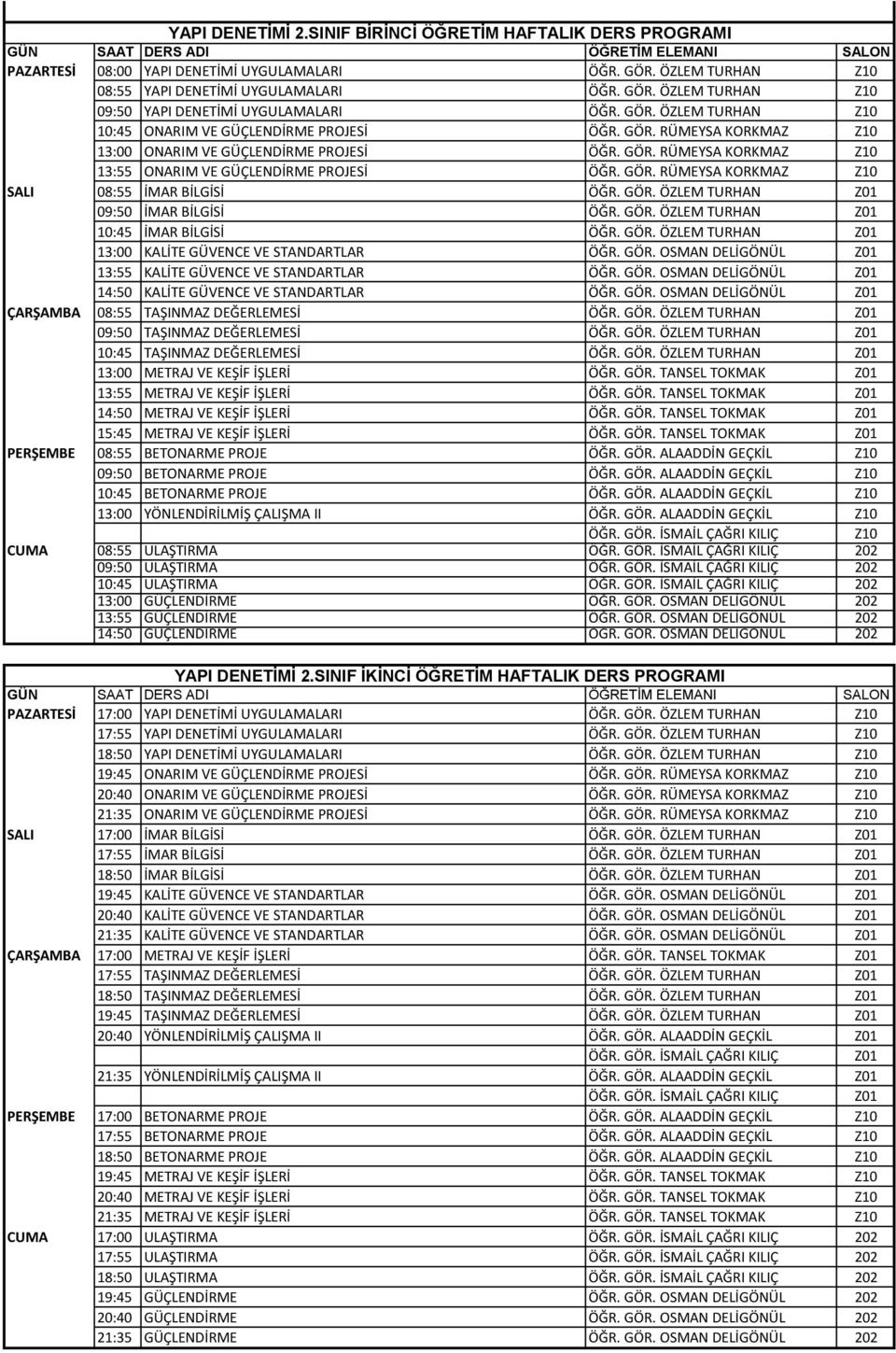 GÖR. ÖZLEM TURHAN Z01 09:50 İMAR BİLGİSİ ÖĞR. GÖR. ÖZLEM TURHAN Z01 10:45 İMAR BİLGİSİ ÖĞR. GÖR. ÖZLEM TURHAN Z01 13:00 KALİTE GÜVENCE VE STANDARTLAR ÖĞR. GÖR. OSMAN DELİGÖNÜL Z01 13:55 KALİTE GÜVENCE VE STANDARTLAR ÖĞR.