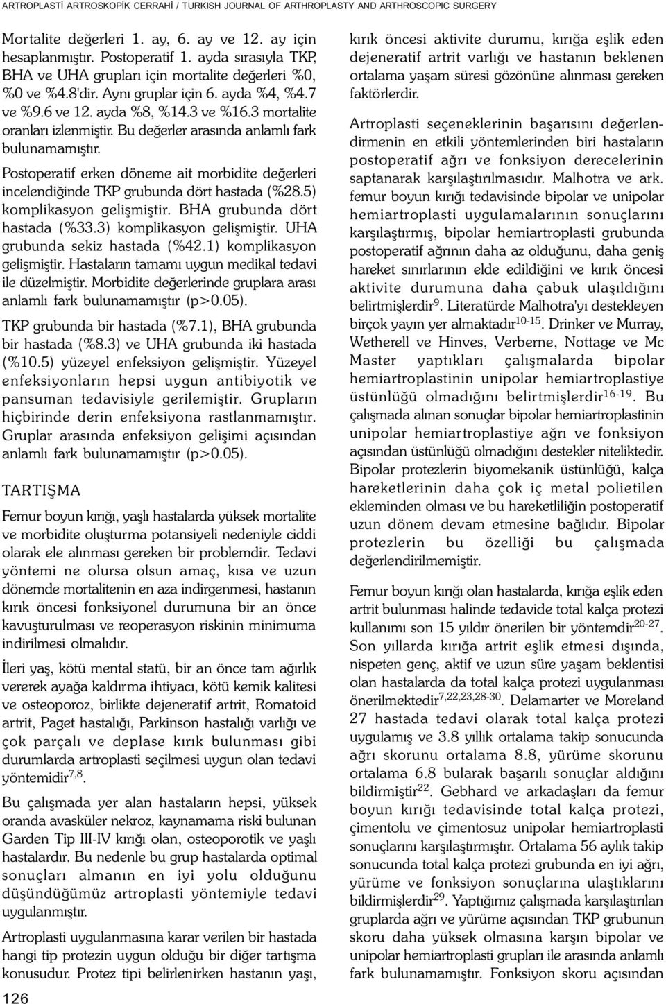 Postoperatif erken döneme ait morbidite deðerleri incelendiðinde TKP grubunda dört hastada (%28.5) komplikasyon geliþmiþtir. BHA grubunda dört hastada (%33.3) komplikasyon geliþmiþtir.