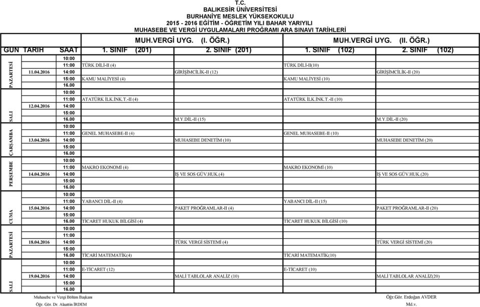 04.2016 14:00 MUHASEBE DENETİM (10) MUHASEBE DENETİM (20) MAKRO EKONOMİ (4) MAKRO EKONOMİ (10) 14.04.2016 14:00 İŞ VE SOS GÜV.HUK.(4) İŞ VE SOS GÜV.HUK.(20) YABANCI DİL-II (4) YABANCI DİL-II (15) 15.