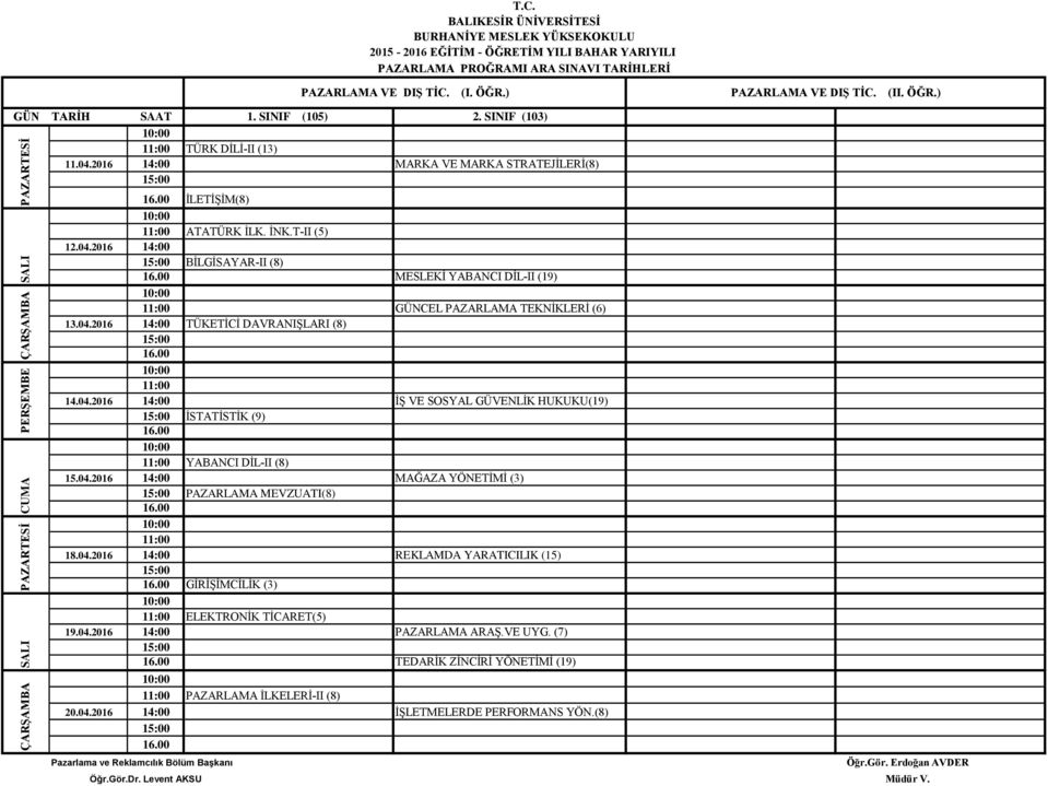 04.2016 14:00 İŞ VE SOSYAL GÜVENLİK HUKUKU(19) İSTATİSTİK (9) YABANCI DİL-II (8) 15.04.2016 14:00 MAĞAZA YÖNETİMİ (3) PAZARLAMA MEVZUATI(8) 18.04.2016 14:00 REKLAMDA YARATICILIK (15) GİRİŞİMCİLİK (3) ELEKTRONİK TİCARET(5) 19.