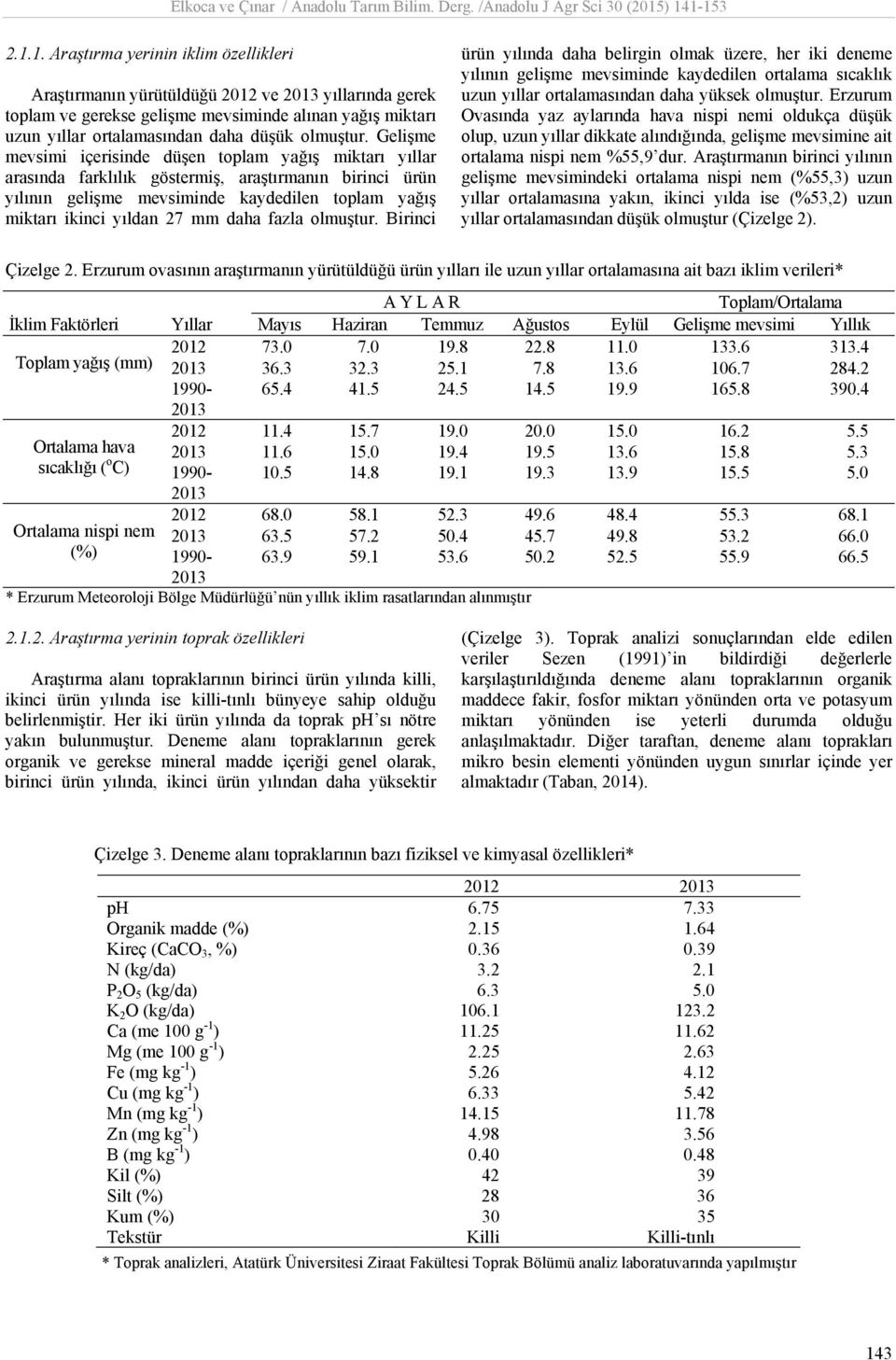 Gelişme mevsimi içerisinde düşen toplam yağış miktarı yıllar arasında farklılık göstermiş, araştırmanın birinci ürün yılının gelişme mevsiminde kaydedilen toplam yağış miktarı ikinci yıldan 27 mm