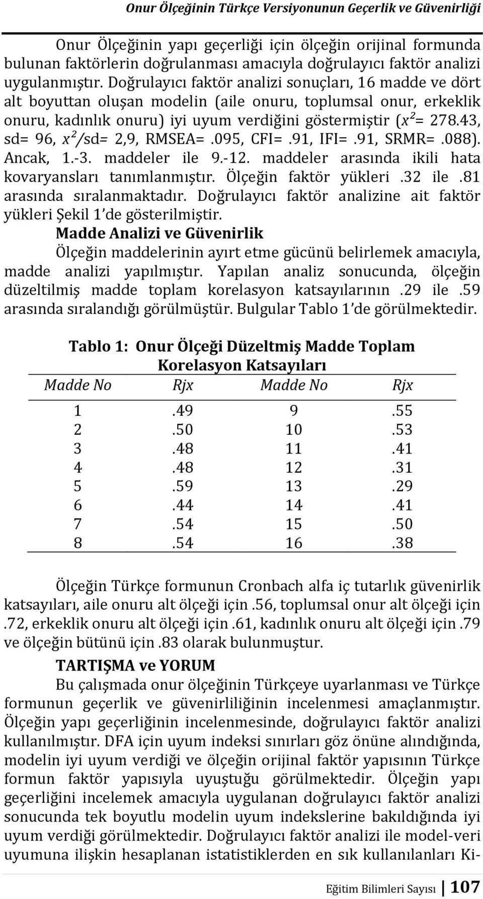 43, sd= 96, x²/sd= 2,9, RMSEA=.095, CFI=.91, IFI=.91, SRMR=.088). Ancak, 1.-3. maddeler ile 9.-12. maddeler arasında ikili hata kovaryansları tanımlanmıştır. Ölçeğin faktör yükleri.32 ile.