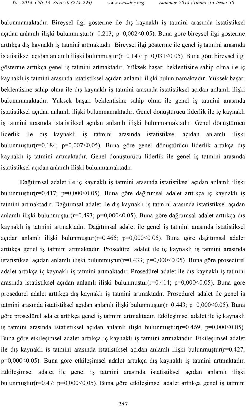 05). Buna göre bireysel ilgi gösterme arttıkça genel iş tatmini artmaktadır.