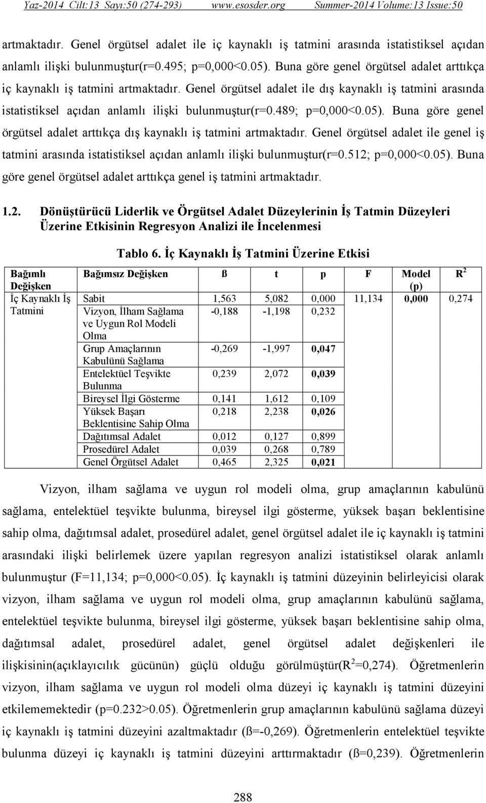 489; p=0,000<0.05). Buna göre genel örgütsel adalet arttıkça dış kaynaklı iş tatmini artmaktadır.