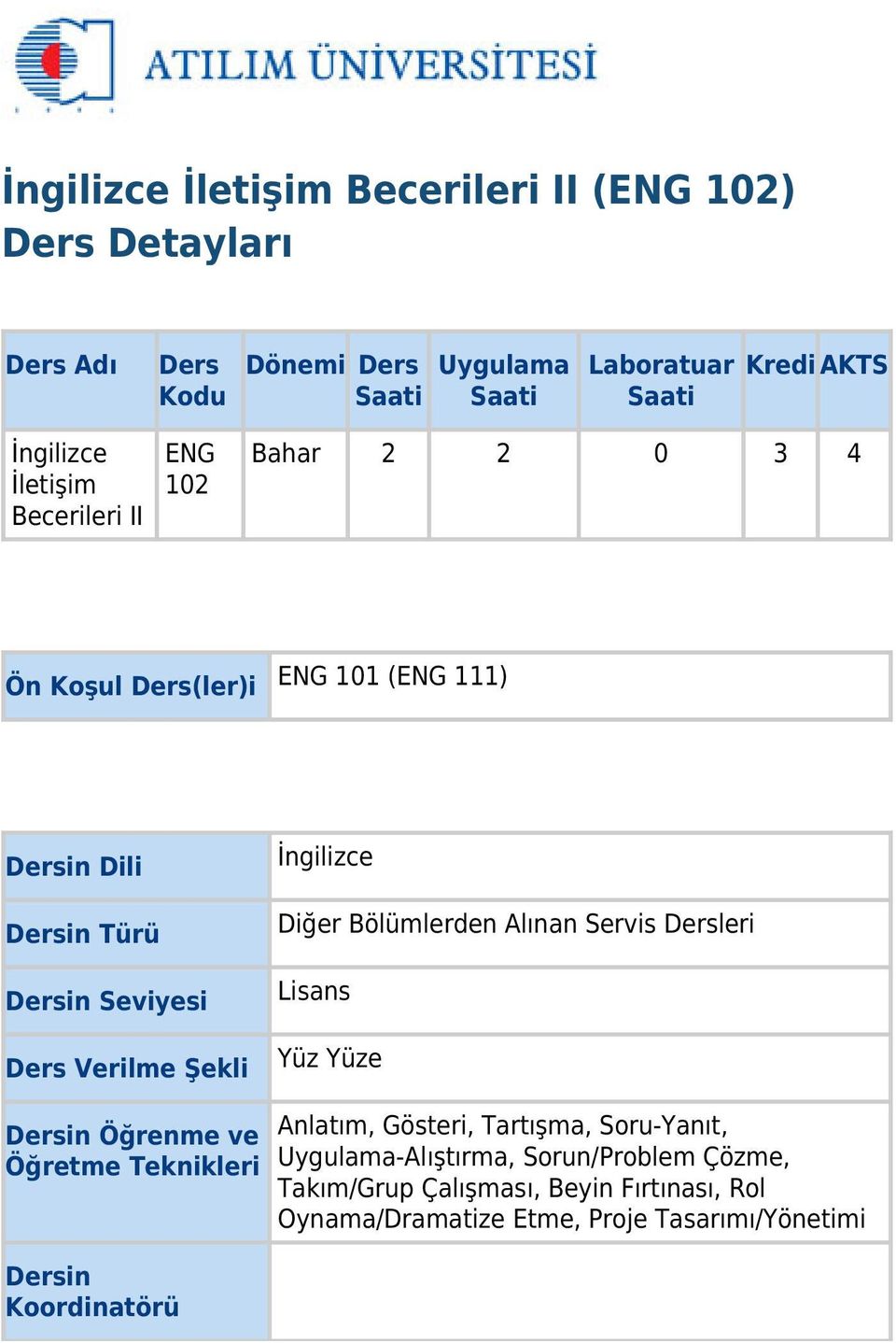 Verilme Şekli İngilizce Diğer Bölümlerden Alınan Servis Dersleri Lisans Yüz Yüze Dersin Öğrenme ve Öğretme Teknikleri Dersin Koordinatörü Anlatım,